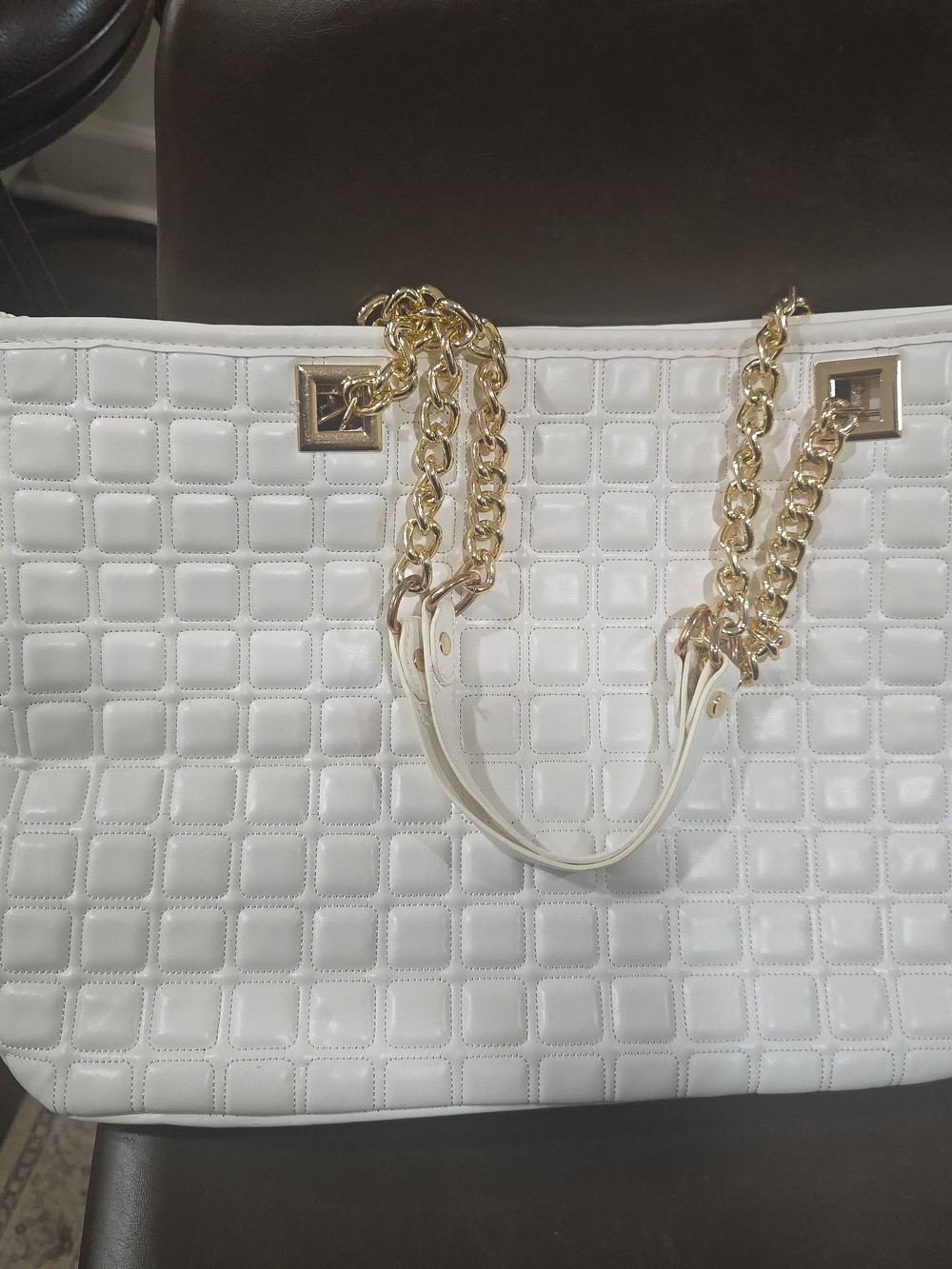 Others Follow White Quilted Tote with Gold Chain Straps
